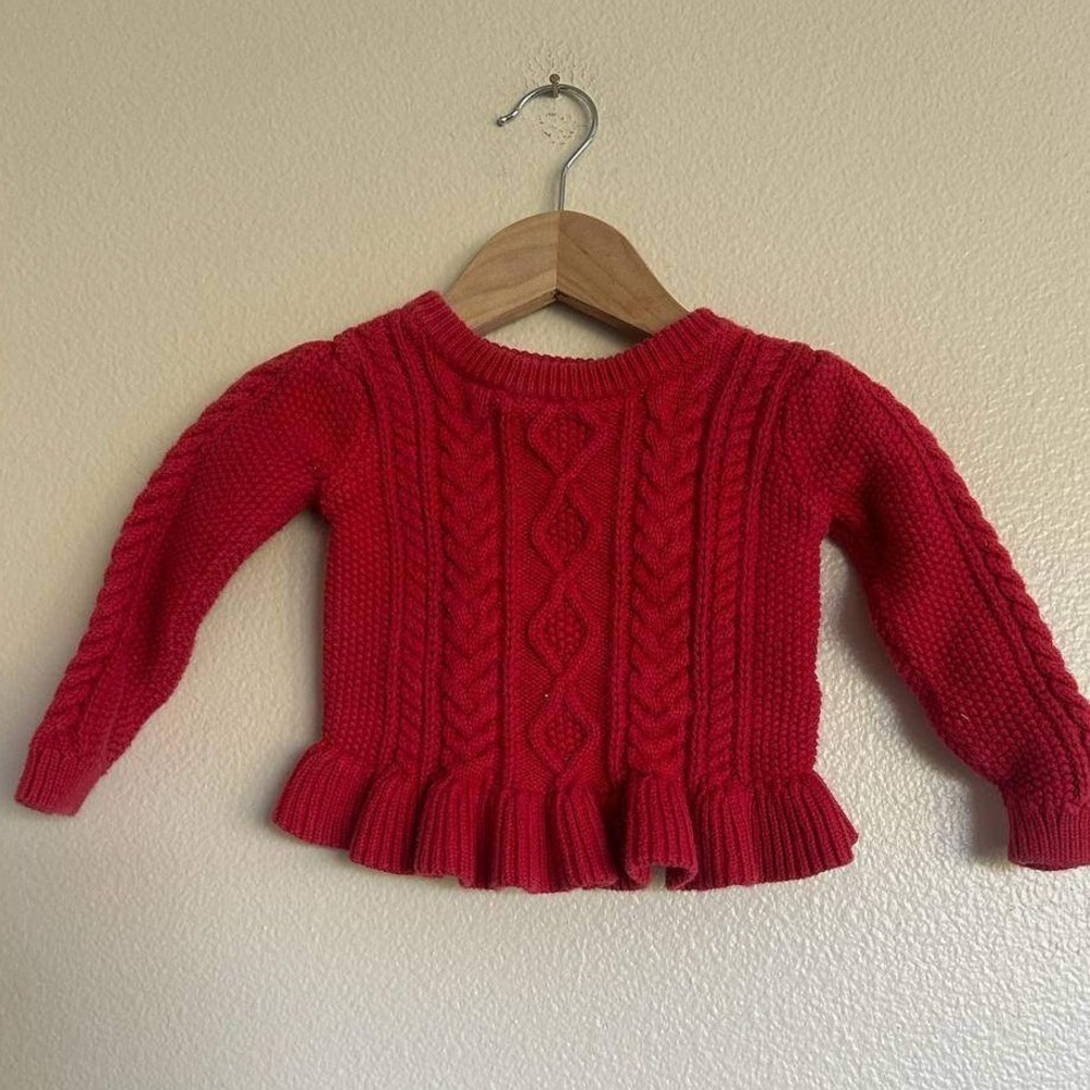 Baby Gap Red Cable Knit Peplum Sweater Ruffle Holiday Coquette Scandi 12-18M